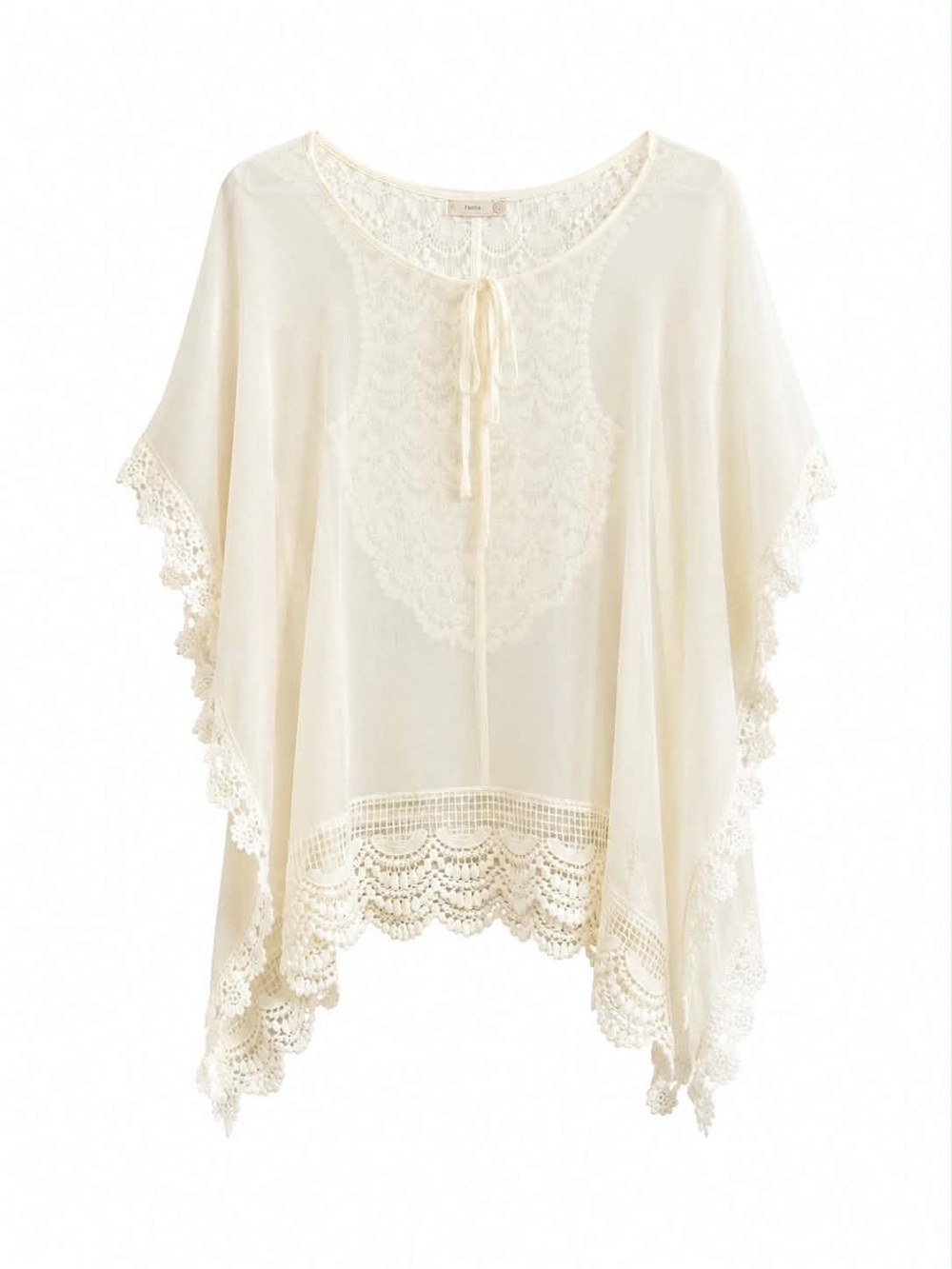 Nevada Crotchet Lace-Trim Sheer Ivory Boho Poncho Blouse – Size Large EUC